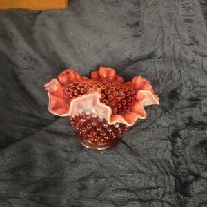 Vintage FENTON GLASS 6.5" Pink & White Cranberry Ruffled Opalescent Hobnail Bowl